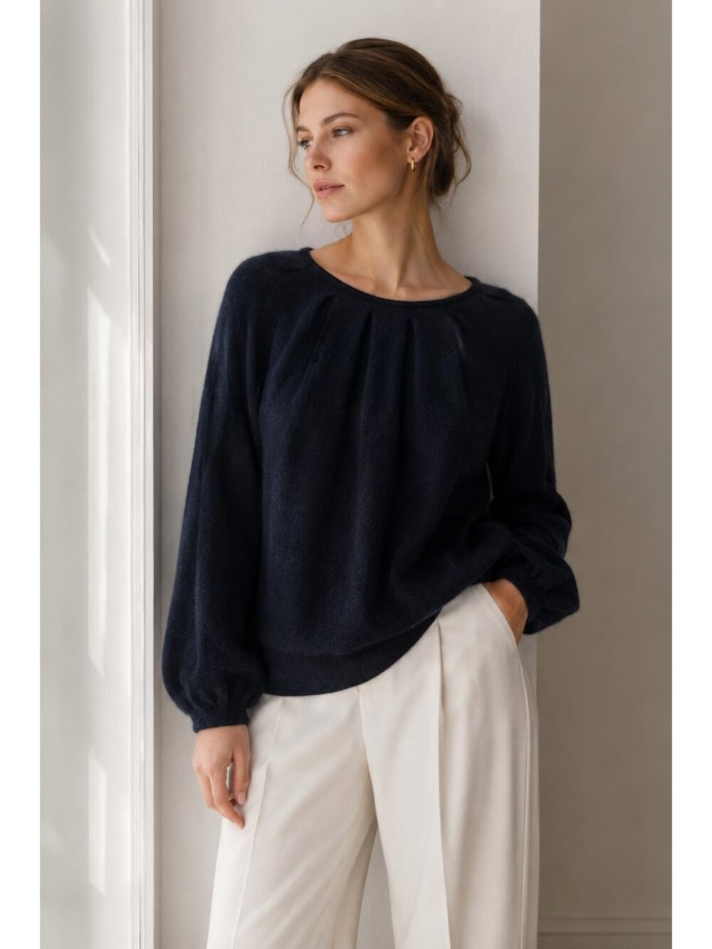 Massimo Dutti Women XS Black 100% Cashmere Pleated Neck Puff Sleeve Sweater